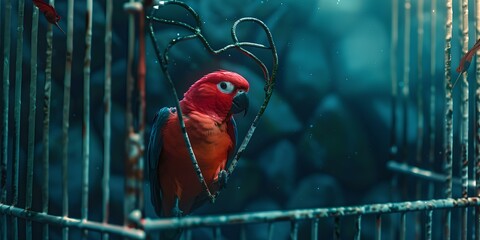 Captivating red parrot perched in a metal cage, a symbol of captivity and beauty. exotic bird in a confined space. AI - obrazy, fototapety, plakaty