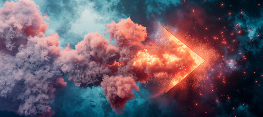 Explosion simulation with arrow sign, original 3d rendering illustration