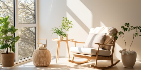 Wooden rustic arm rocking chair sofa indoor interior architecture room for relax chill time with plant in vase decoration scene