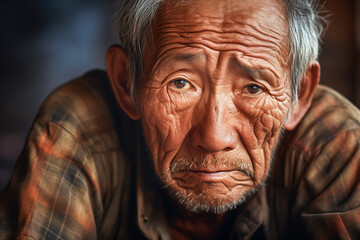 Fototapeta na wymiar Closeup portrait of a elderly asian person. Old man with weary eyes.