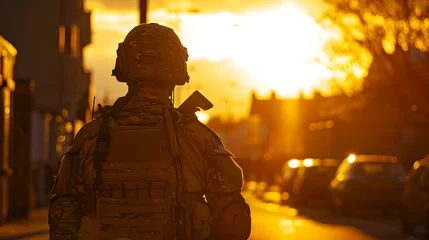 Foto op Aluminium Solitary soldier silhouette against sunset on city street. military, heroism, peacekeeping theme. AI © Irina Ukrainets