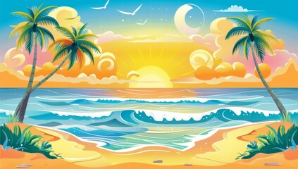 Fototapeta na wymiar cartoon beautiful day time sunset beach sunrise with palm trees and waves Generative AI