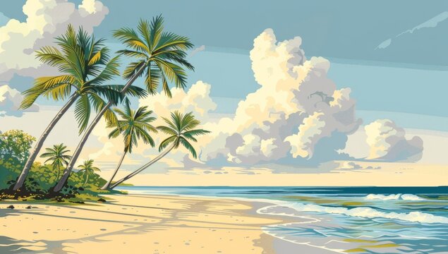 an image of a sunny beach with palm trees Generative AI