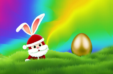 Easter Santa with Golden Egg at end of Rainbow!