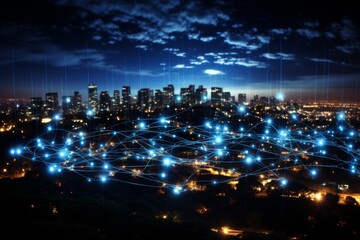 Futuristic 6g network in modern smart city with blue toned cityscape and network connection concept