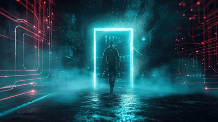 Futuristic portal like glowing door and man, strange traveler in dark tech space. Person walks at surreal corridor at night. Concept of travel, sci-fi, technology; science, future - obrazy, fototapety, plakaty