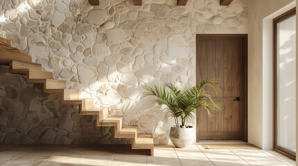 Wooden staircase and stone cladding wall in rustic hallway. Home interior design of modern entrance hall with door. 