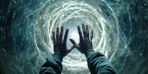 Obraz premium Super power in human hands, magical hands creating massive amount of energy