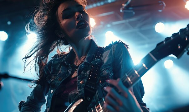 A young stylish woman musician in a jeans handle guitar performing on a big club stage