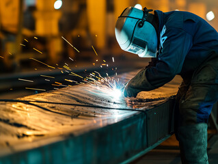 Welder in Action at an Industrial Site. An experienced welder performs a complex task of joining metal parts. Sparks fly in all directions from the point of contact, where the metal melts and fuses. - obrazy, fototapety, plakaty