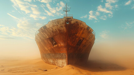 Barco oxidado abandonado en un desierto arenoso bajo un cielo nublado - obrazy, fototapety, plakaty