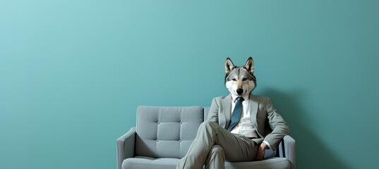 Anthropomorphic wolf in business suit working in office, studio shot with copy space on plain wall. - obrazy, fototapety, plakaty