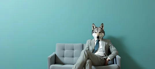 Foto op Canvas Anthropomorphic wolf in business suit working in office, studio shot with copy space on plain wall. © Ilja