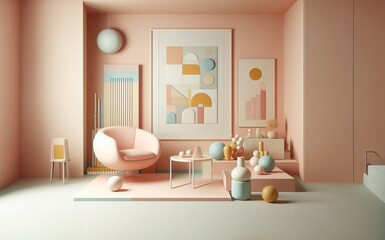 Room full of 3d abstract objects, pastel colors