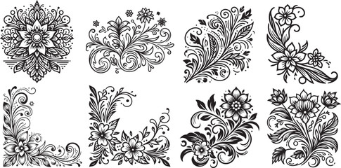 decorative flowers and leaves ornaments, black and white floristic vector