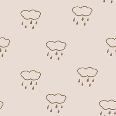 Simple children's beige pattern with clouds. Cheerful hand drawn cloud. Seamless pattern with rain. Futuristic blue clouds. Background for poster, cover booklet, banner, surface design.