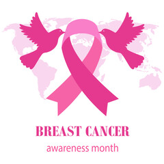 Illustration of a breast cancer awareness ribbon with doves on a world map background.