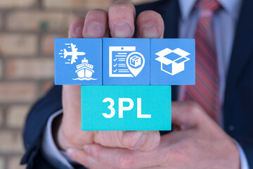 Businessman holding styrofoam blocks sees abbreviation: 3PL. Third Party Logistics ( 3PL ) Business concept. Integrated warehousing and transportation operation service.