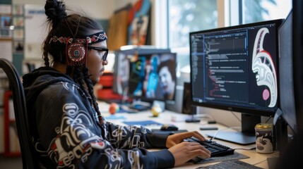 A focused individual types away at their computer, surrounded by technology and personal items, immersed in the world of text and productivity