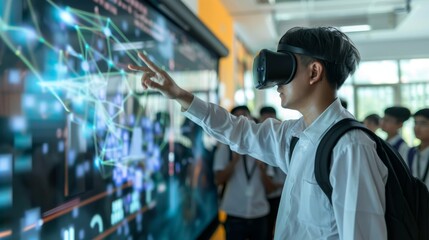 Young man exploring advanced technology with virtual reality in education. Asian student immersed in a VR learning experience in a university setting.
