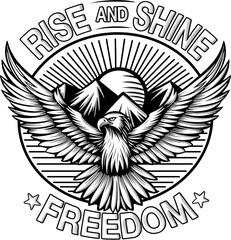 Flying Eagle Illustration on White Background. Rise and Shine, Freedom Words. - 741960331