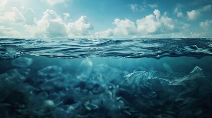 A solitary plastic bag floats in the clear aqua waters, a stark contrast to the vibrant sky and...