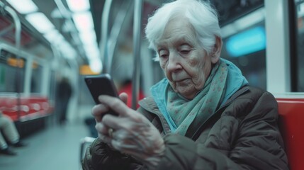 A stylish senior woman confidently chats on her phone while waiting for the train, exuding a sense of modernity and independence amidst the bustling street scene