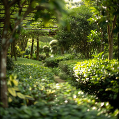 Serene Tea Garden Pathway Surrounded by Lush Greenery