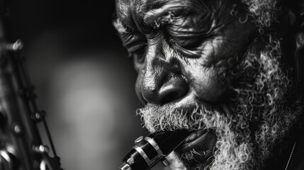 A weathered jazz musician, his wrinkled face framed by a thick beard and mustache, exhales smoke...