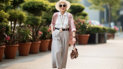Graceful Silver-Haired Woman in Pastel Outfit Walking in Urban Setting
