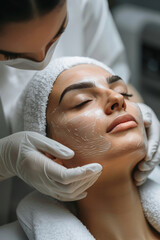 Una mujer teniendo una sesión de depilación láser en un centro especializado de depilación laser - obrazy, fototapety, plakaty
