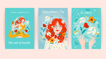 Set of cards with women, flowers and birds. Vector design concept for International Women s Day and other - 741962597