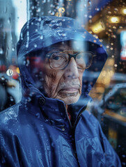 Alter Mann mit Brille im Regen einer Großstadt. KI generiert.