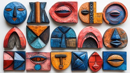 Colorful handmade wooden masks on white background. Handmade souvenirs