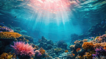 An underwater coral reef scene, diverse marine life, vivid colors, showcasing the beauty and diversity of ocean life. Underwater photography, coral reef ecosystem, diverse marine life,. Resplendent. - obrazy, fototapety, plakaty