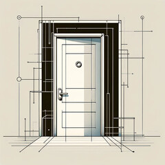 Minimalist schematic illustration of a door, emphasizing entry, security, and its symbolic role in architectural design.