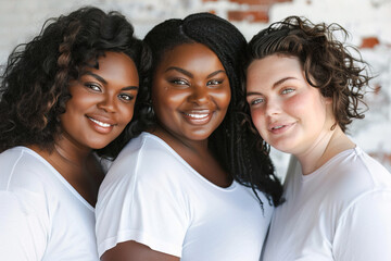Three plus sized multiethnic women close up portrait standing together smiling and looking natural and confident to camera