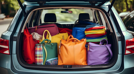 car trunk full of colorful shopping bags, generative ai