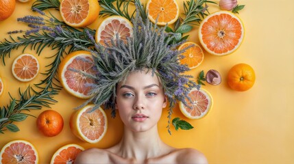 natural plants lang lang, orange fruit, lavender, rosemary, decorating a woman's head, real skin realistic photo, calm face, multi color, hyperrealistic, orange color background