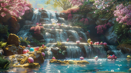 A serene waterfall scene with pastel-colored eggs cascading down rocky cliffs into a crystal-clear...