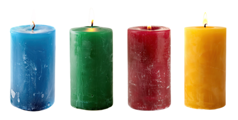 Colorful blue, green, red and yellow candles over white transparent background