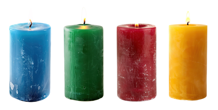 Colorful blue, green, red and yellow candles over white transparent background
