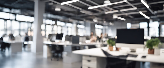 Modern Office Elegance: Abstract Blurred Indoor Workspace, Where Professionals Gather for Collaborative Ventures and Strategic Planning - Blurred Empty Open Space Office - Abstract Light Background