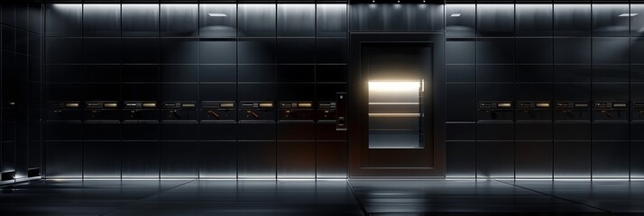 Bank deposit lockers with closed steel doors and a black open safe box with white light inside have an angle view. Interior room in vault for money storage, secure banking service concept