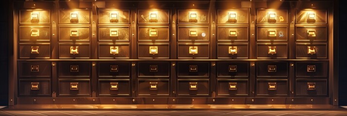Bank safe boxes wall in the vault. Individual deposit lockers in a strongroom or underground secured storage 3d realistic vector illustration. Valuable possessions, secure banking service concept - obrazy, fototapety, plakaty