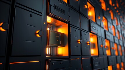 Bank safe deposit boxes in black and orange. There is an open door and a gold bar. - obrazy, fototapety, plakaty