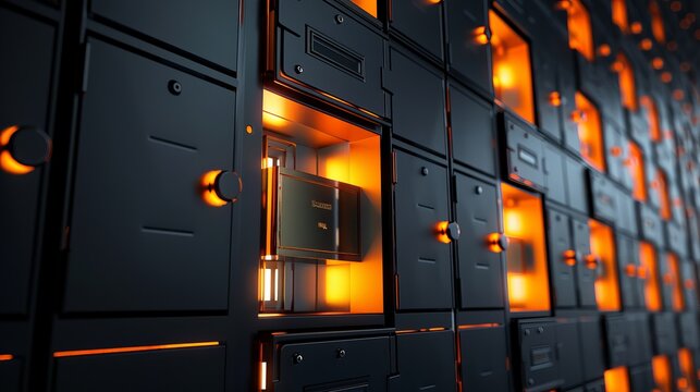 Bank safe deposit boxes in black and orange. There is an open door and a gold bar.