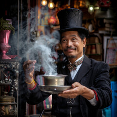 Street Magician Performing Trick with Smoke and Magic Hat - obrazy, fototapety, plakaty