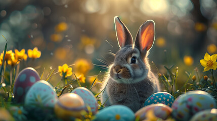 Cute Easter bunny next to hand painted Easter eggs