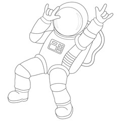 Happy astronaut making a sign i love you (ILY) with three fingers up. Black and white. Sign language. Gestures. Vector illustration.